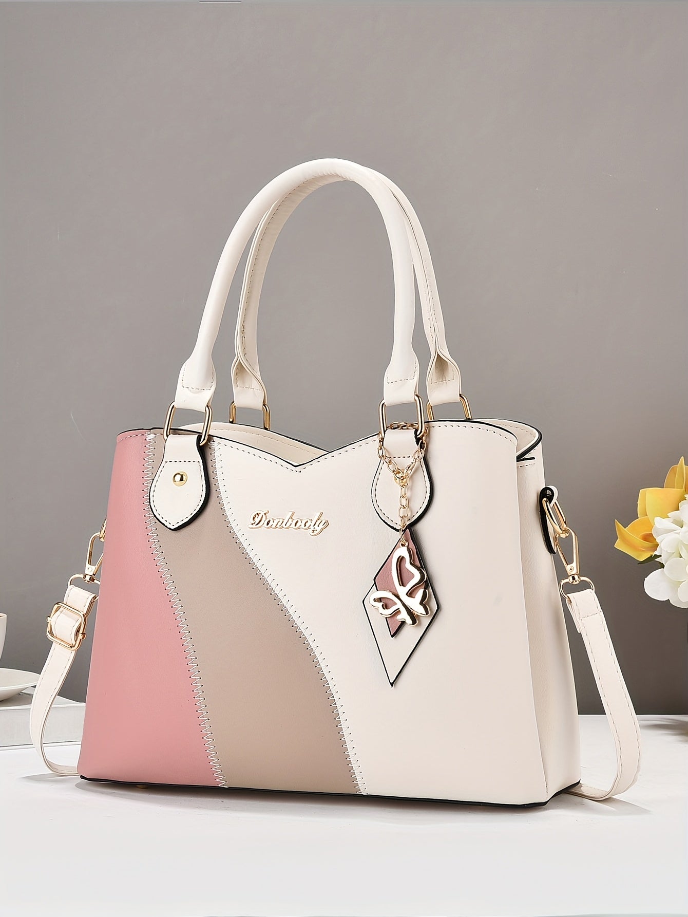 Wo 's Casual Geometric Two-Tone Large Capacity   Handbag with Adjustable   Strap, Detachable Wristlet & Zipper Closure - in Khaki/White/Pink/Red/Green/Black, Travel Accessory, Stylish Accessory, Durable Construction, Spacious