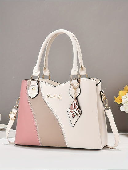 Wo 's Casual Geometric Two-Tone Large Capacity   Handbag with Adjustable   Strap, Detachable Wristlet & Zipper Closure - in Khaki/White/Pink/Red/Green/Black, Travel Accessory, Stylish Accessory, Durable Construction, Spacious