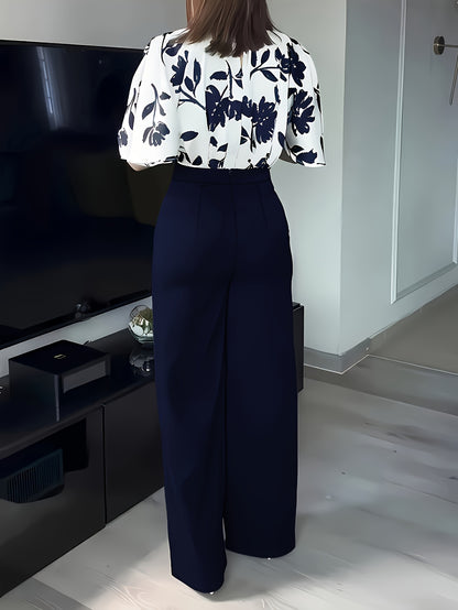 ZD0410952 Women's Printed Spring/Summer Elegant Commuter Casual Shirt 2pcs Set