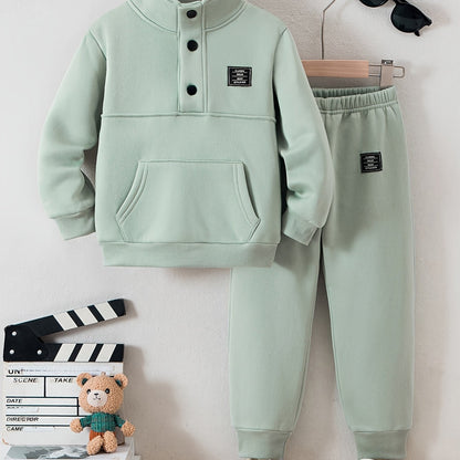 Boys' Cozy Fleece-Lined Hoodie & Sweatpants Set - Olive Green Casual Winter Outfit with Pockets, Thick Warmth for Fall & Winter, Regular Fit, Casual Attire, for Outdoor