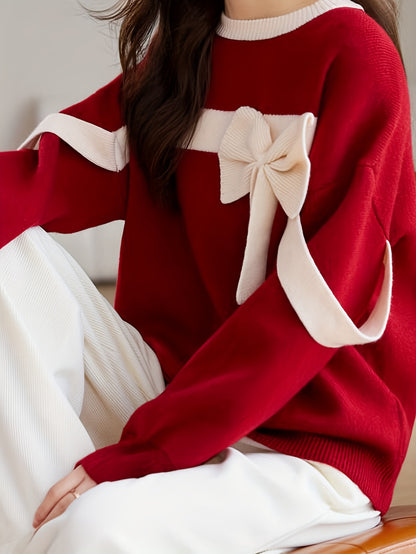 Women'S Elegant Red Sweater with Large Bow Detail - Cozy Crew Neck, Long Sleeve, Ribbed Texture, Perfect for Fall/Winter, Versatile Fashion Top, Winter Fashion Top|Elegant Knitwear|Ribbed Texture Sweater