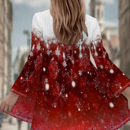 Plus Size Women's Winter Cardigan Coat - Burgundy Red & White Snowflake Print Deep Jacket, Loose-Fit Collar Sweater Coat for Christmas, New Year's Eve Parties & Cold Weather (Machine Washable)