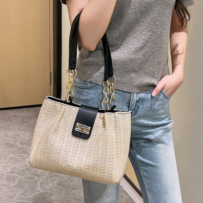 Elegant Women'S Crossbody Bag Featuring a Detachable Chain Shoulder Strap And Golden Hardware - Luxurious Wallet with Golden Accents, Rotating Lock Closure, Available in Brown And Black - Korean Style, Niche Woven Material, L