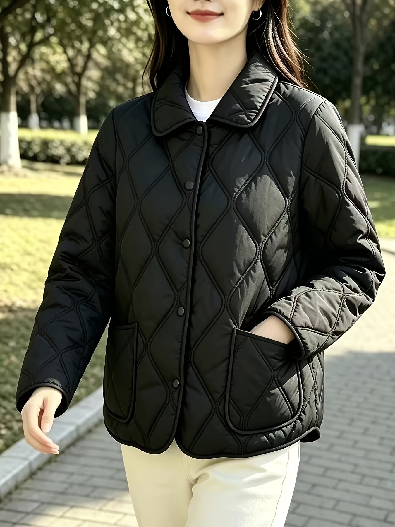 Women's Quilted Doll Collar Coat - Elegant Spring & Autumn Outerwear