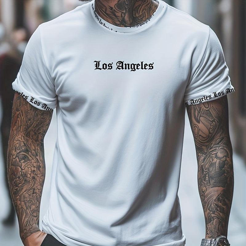 OBM Men's Casual Los Angeles Graphic Print T-Shirt - 100% Polyester Summer Short Sleeve Tee, Breathable Round Neck Regular Fit Machine Washable, Everyday Comfort, Bold Text Style, Smooth Texture