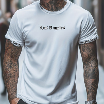 OBM Men's Casual Los Angeles Graphic Print T-Shirt - 100% Polyester Summer Short Sleeve Tee, Breathable Round Neck Regular Fit Machine Washable, Everyday Comfort, Bold Text Style, Smooth Texture