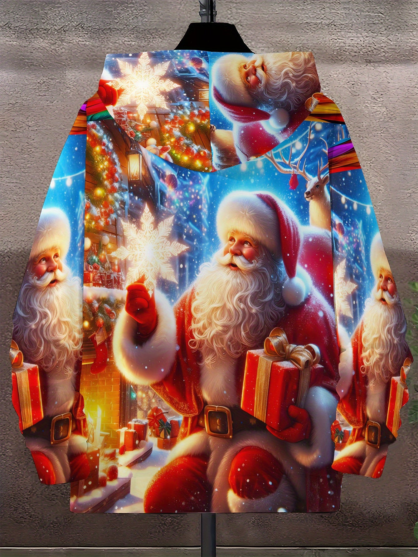 Men's Santa Print Hooded Sweatshirt - Full-Zip Full-Length Zipper Hoodie with Santa Claus & Reindeer/Christmas Tree Patterns, Machine Washable Casual Winter Gym Wear for Christmas Parties, Spring/Fall Outdoor Activities ( Siz
