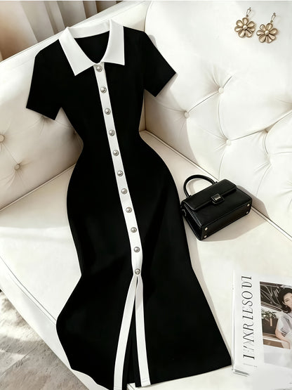 Elegant Black and White Polo Collar Long Dress for Women