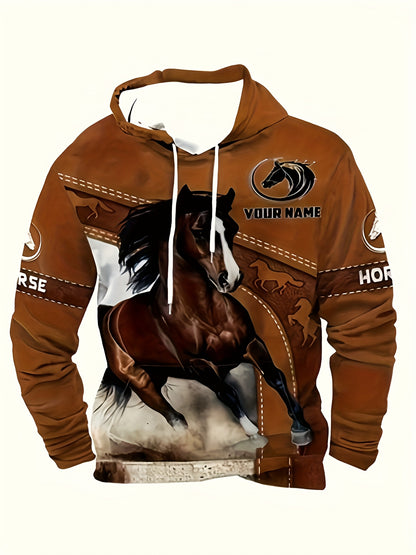 Men's Western Horse Print Hooded Sweatshirt - 3D Horse & Cowboy Design, Brown/Beige Casual Pullover, Warm Winter Sweater for Equestrian Events & Casual Attire, Machine Washable, Ideal Gift for Horse Lovers