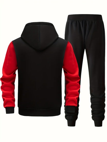 Men'S Bold Print Urban Streetwear Pullover Hoodie & Pants Set - Black & Red with "Saint" Design, Polyester, Long Sleeve, Regular Fit, Spring/Fall Casual Wear, Casual Streetwear Outfit|Bold Print Hoodie|Stretchy Fabric