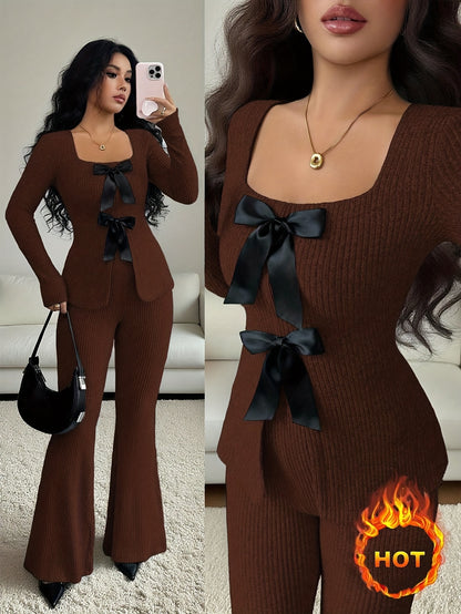 Elegant Women's Slim Fit Bow-Tie Top & Flared Pants Set - ayq