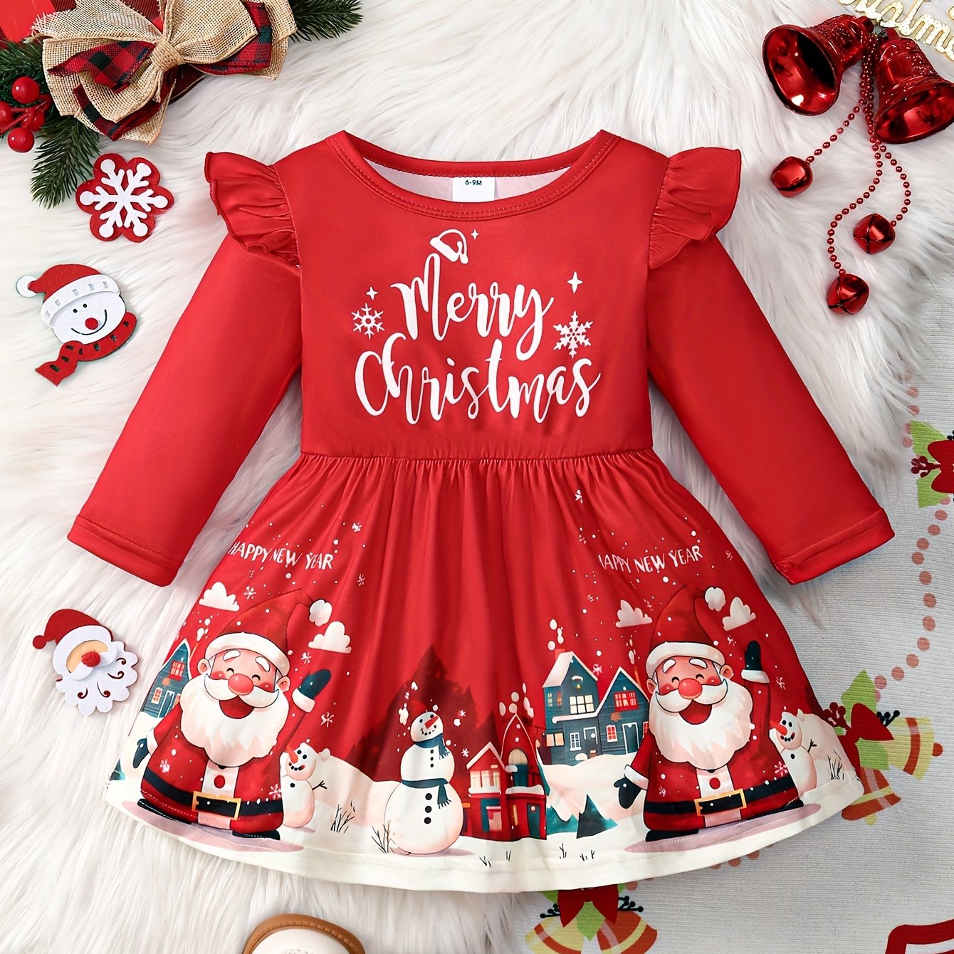 Festive Toddler Girl's Long Sleeve Ruffle Trim Dress with Santa and Snowman Print - Polyester Blend with Slight Stretch, Casual Knit Fabric Playwear for Spring/Fall