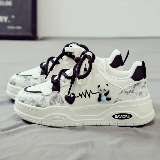 Women's White Mid-Top Sneakers with Bear  Heart Stripes Design - PU Cover  Upper, Thick Cushioned PVC Sole - Trendy Casual Shoes for All-Season Comfort
