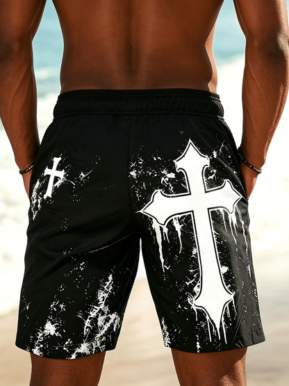 Men's Casual Beach Shorts with Cross Pattern and Drawstring