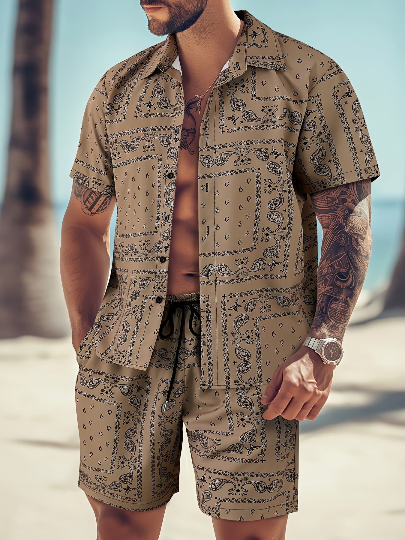 Men's Paisley Print Short Sleeve Shorts Single Button Shirt Suit with Elastic Cord and Pockets