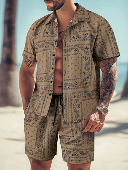 Men's Paisley Print Short Sleeve Shorts Single Button Shirt Suit with Elastic Cord and Pockets