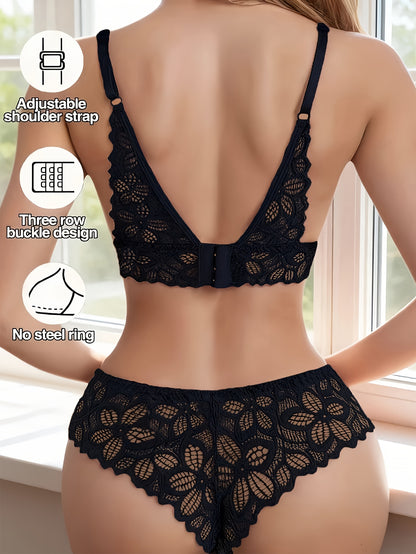 Women's Floral Lace Wireless Bra & Panty Set, Comfortable Fit