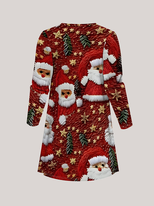 Plus Size - Plus Size - Plus Size - Plus Size, Women'S Plus Size Christmas Print Long Sleeve Dress - Cozy Winter Holiday Outfit with Santa Claus & Reindeer Design