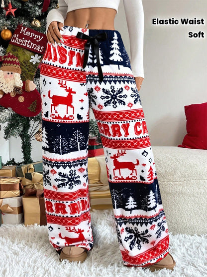 Women'S Winter Warmth Pants - Cozy Fleece-Lined Wide-Leg Trousers with Elastic Waist & Cuffed Hem, Red & Snowflake & Reindeer Print, Bohemian Style For Cold Weather, Winter Pants, Cold Weather Apparel, Soft Fabric Trousers, L