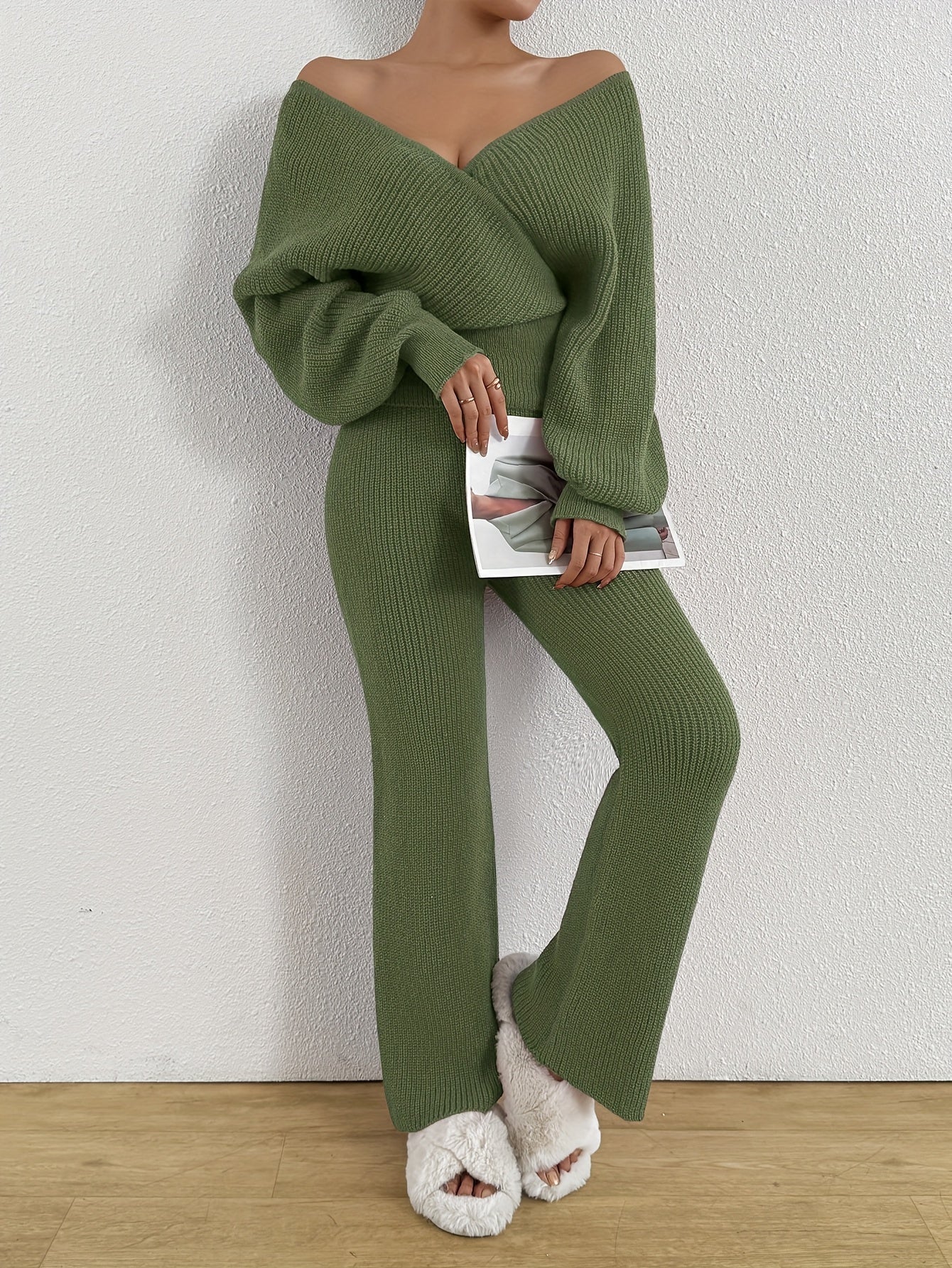 Women's Autumn Winter Sweater V-Neck Sleeveless Pullover with Wide-Leg Pants Elegant Two-Piece Set