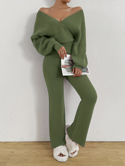 Women's Autumn Winter Sweater V-Neck Sleeveless Pullover with Wide-Leg Pants Elegant Two-Piece Set