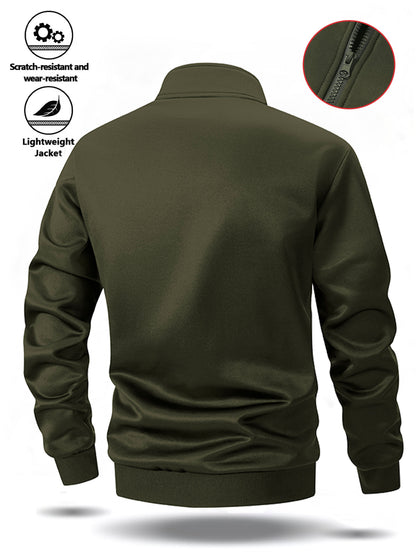 Men's Stand Collar Zip-Up Jacket with Striped Sleeves for Spring