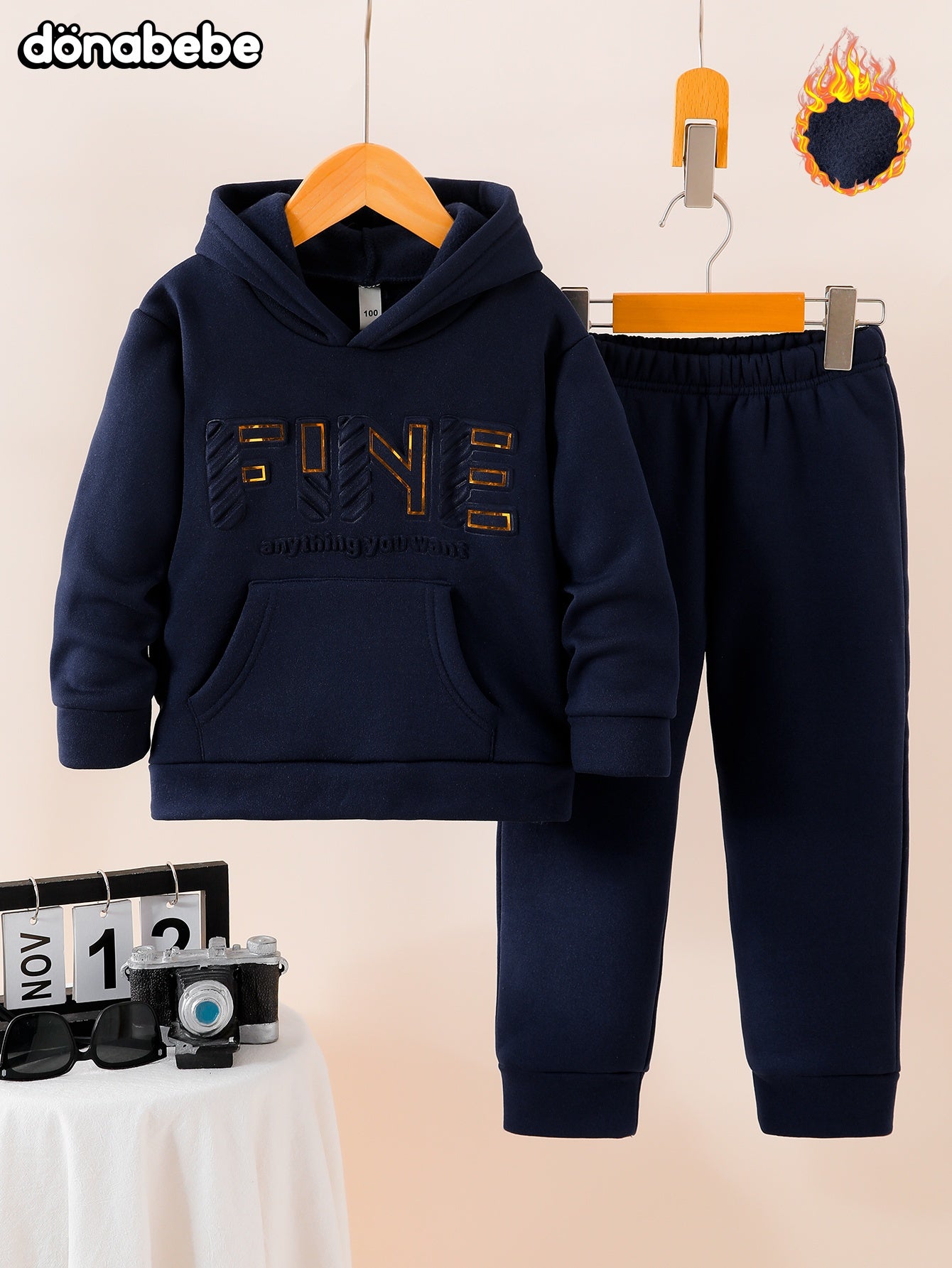 Autumn Winter Solid Color Fleece Hoodie Long Sleeve Letter Embossed Print Pockets Top Daily Versatile Sports Casual Warm Pants 2pcs Set, DONABEBE, for Outdoor