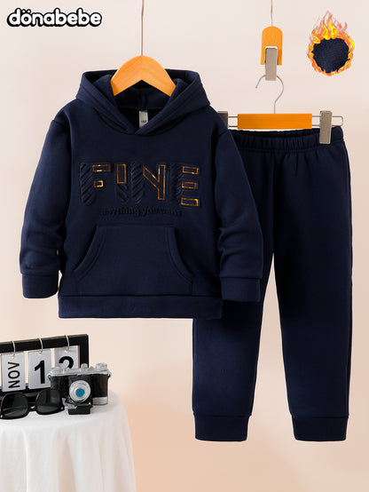 Autumn Winter Solid Color Fleece Hoodie Long Sleeve Letter Embossed Print Pockets Top Daily Versatile Sports Casual Warm Pants 2pcs Set, DONABEBE, for Outdoor