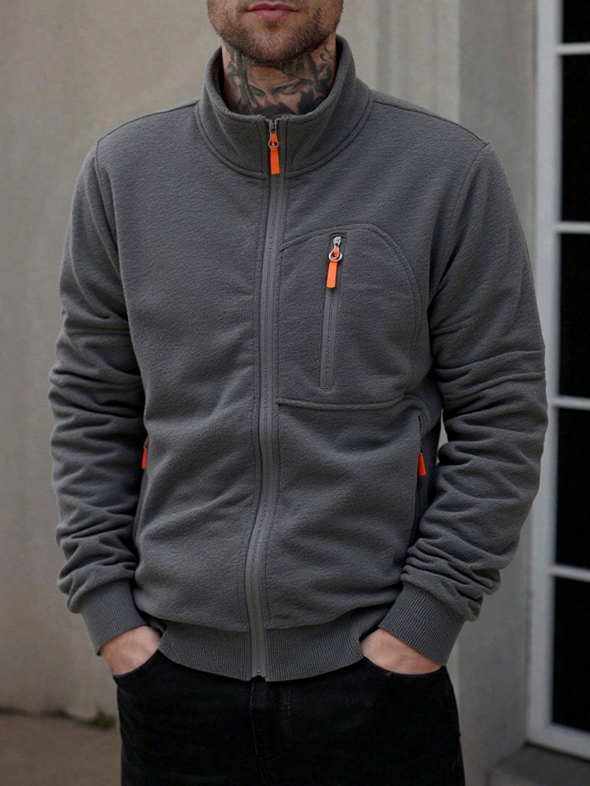 Men's Casual Stand Collar Zipper Fleece Jacket for Fall Winter