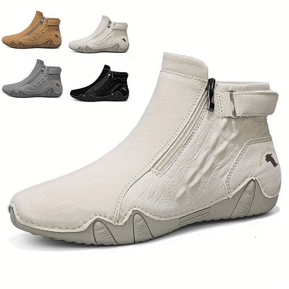 Men'S High-top Casual Shoes With Anti-slip, Comfortable, Outdoor, Fashionable, Plus Size, Business, Hand-stitched, Zipper, Cro, Lace-up.