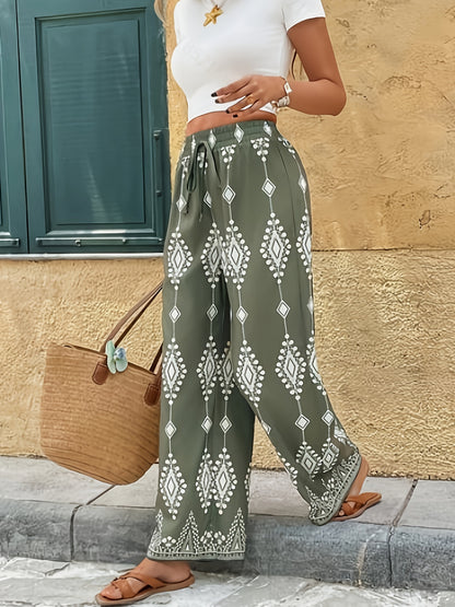 Women's Elegant Wide-Leg Trousers with Geometric Print