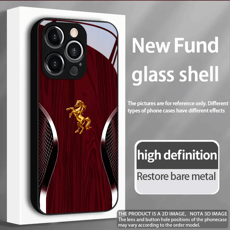 Tempered Glass Phone Case with Red Wood Grain & Golden Horse Design