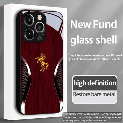 Tempered Glass Phone Case with Red Wood Grain & Golden Horse Design