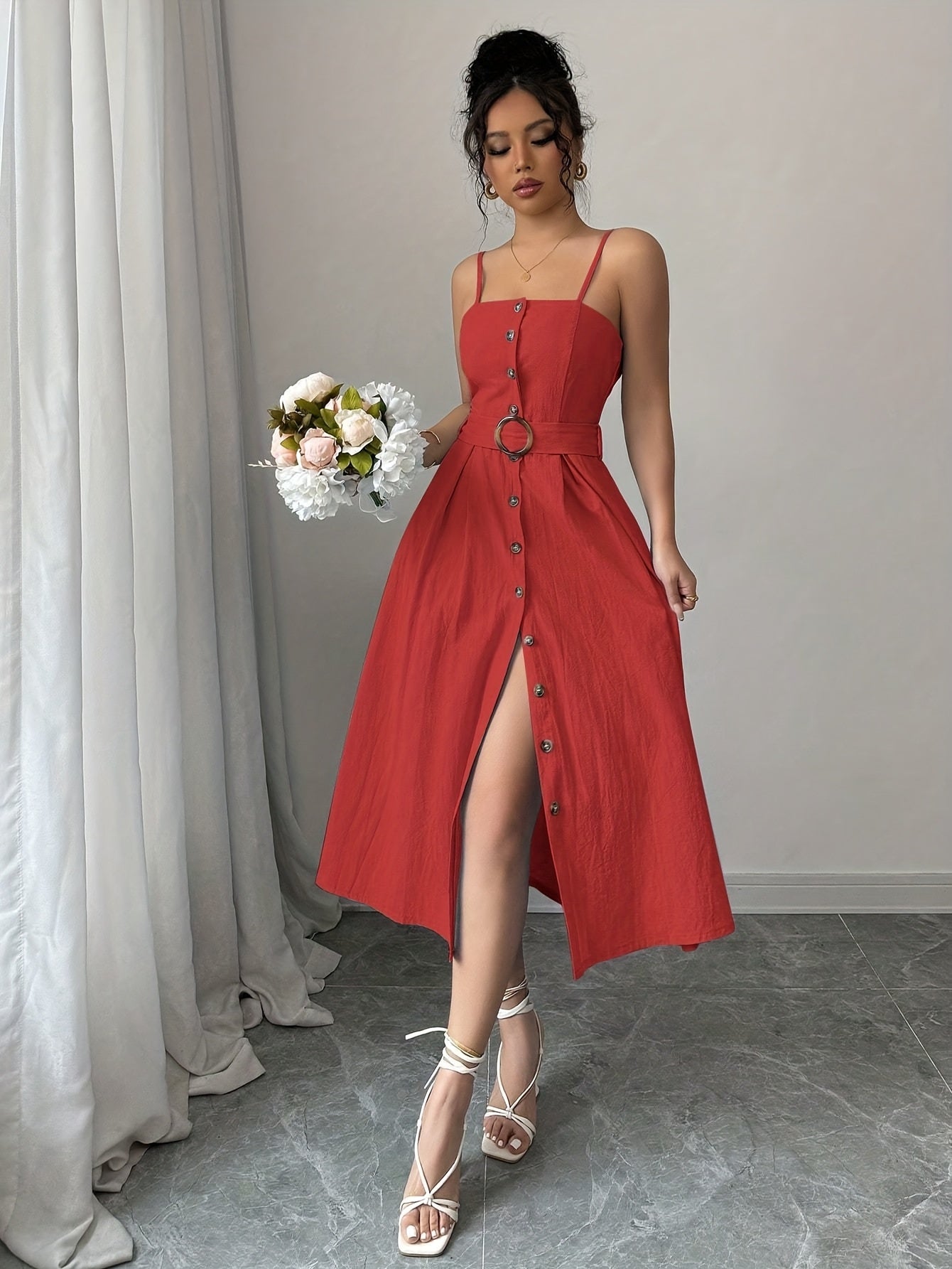 Elegant Sleeveless Midi Dress with Button Detail for Women