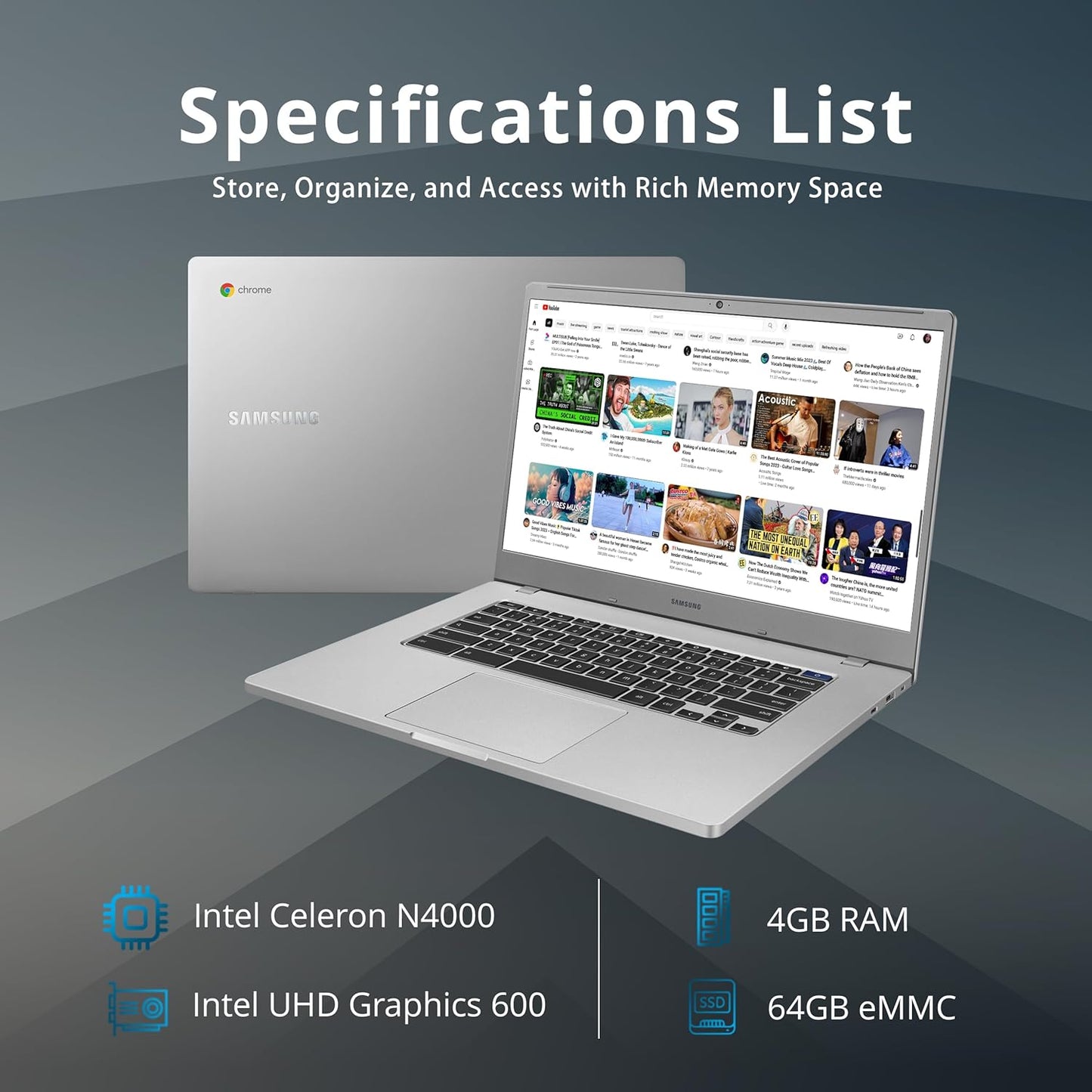 SAMSUNG Chromebook 4+ Laptop, 15.6" FHD LED Display, Intel Celeron N4000, 4GB RAM, 64GB Emmc, HD Webcam, Wi-Fi 5, Bluetooth, Chrome OS, Platinum Titan, 32GB USB Card