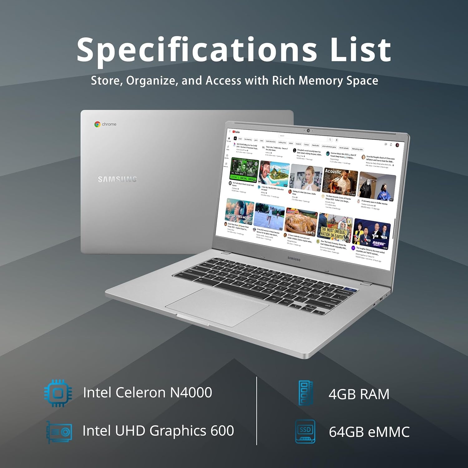 SAMSUNG Chromebook 4+ Laptop, 15.6" FHD LED Display, Intel Celeron N4000, 4GB RAM, 64GB Emmc, HD Webcam, Wi-Fi 5, Bluetooth, Chrome OS, Platinum Titan, 32GB USB Card