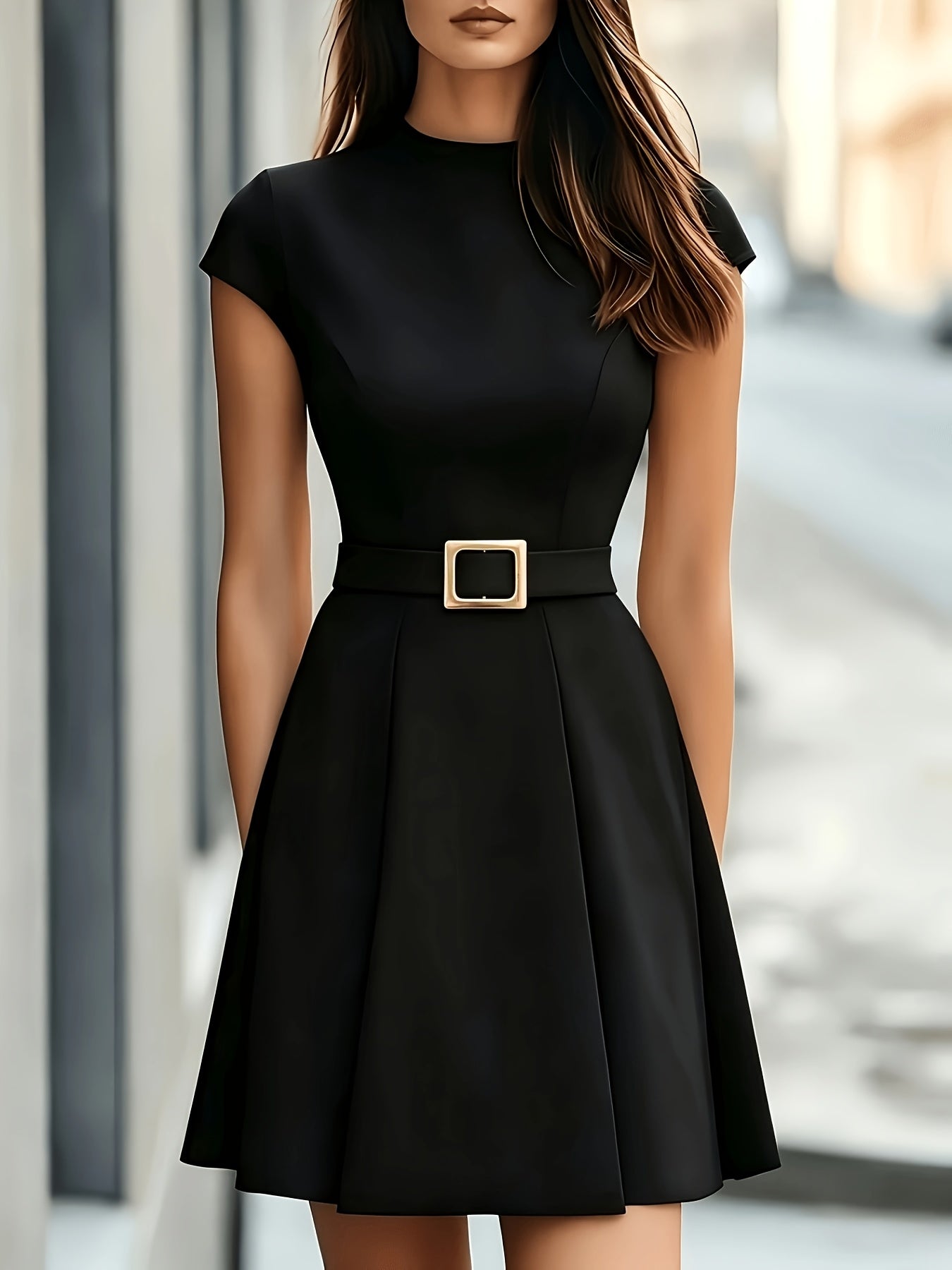 Women's Fitted Waist-Cinching Mini Dress with Belted A-Line Style