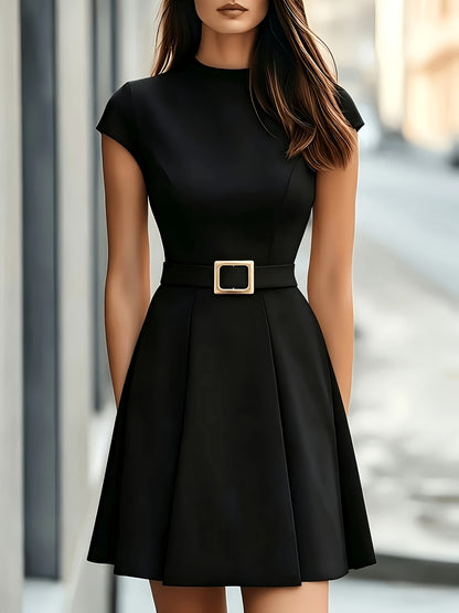 Women's Fitted Waist-Cinching Mini Dress with Belted A-Line Style