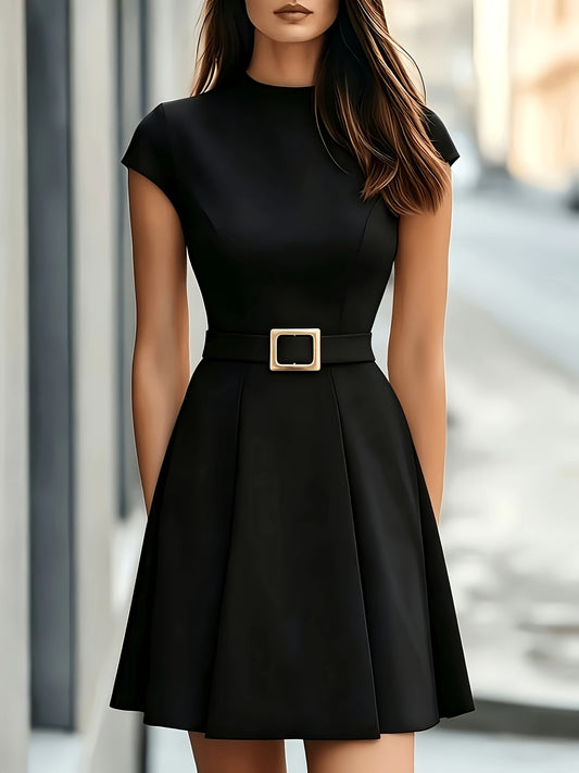 Women's Fitted Waist-Cinching Mini Dress with Belted A-Line Style