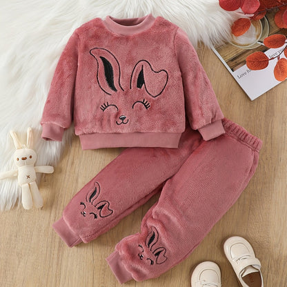 Adorable Cartoon Rabbit Embroidered Two-Piece Set for Youngsters - Soft Coral Fleece Outfit with Matching Pants, Perfect for Fall/Winter Casual Wear, Youngsters'S Playwear|Playful Design|Stretchy Fabric, Youngsters Girl Cloth
