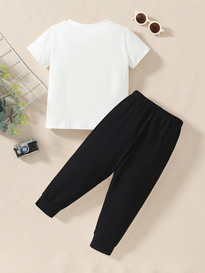 Boys' Casual Cotton T-Shirt and Pants Set with Doll Print