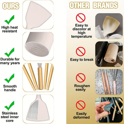 44pcs Set of Wooden Handle Silicone Non-stick Cookware Wooden Handle Cooking Spatula Spoon Stainless Steel Grater Bottle Opener Kitchen Cooking Tool Set