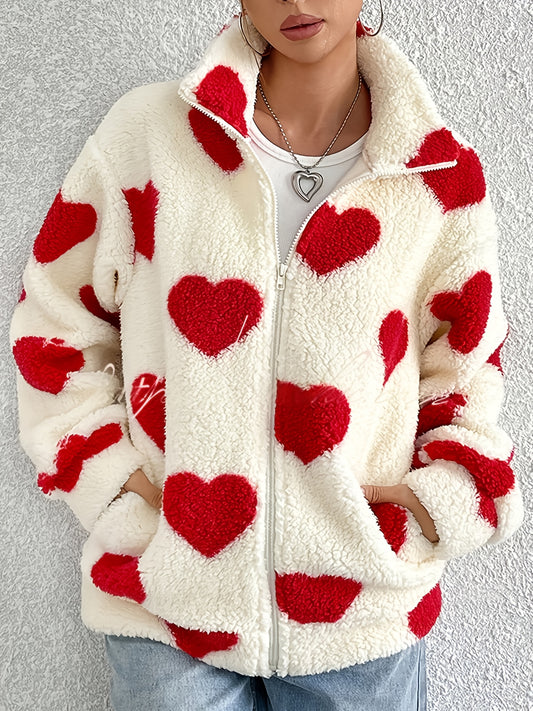 Women'S Elegant Heart Pattern Fleece Jacket - Cozy Long Sleeve Zip-Up Coat with Red Hearts, Beige, Perfect for Fall & Winter, Casual Style, Casual Winter Wear | Heart Pattern Jacket | Zippered Jacket