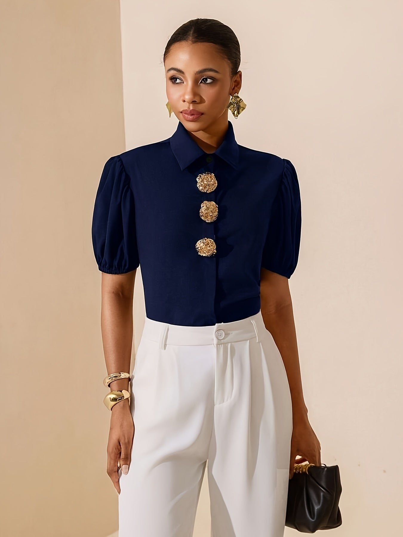 Women's Elegant Solid Color Puff Sleeve Shirt with Metal Buttons