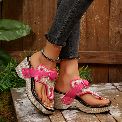 Women's Thick Platform Wedge Sandals with Metallic Studs - Slip-On Square Toe Breathable Fabric Upper  Cushioned Rubber Sole for Casual Comfort, Comfortable Footwear, Chic Shoe Design, Durable Traction Footwear