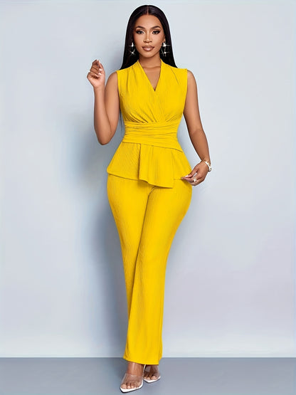 Women's Elegant V-Neck Sleeveless T-Shirt and Wide-Leg Pants Two-Piece Set, Asymmetrical Hem Casual Spring/Summer Outfit