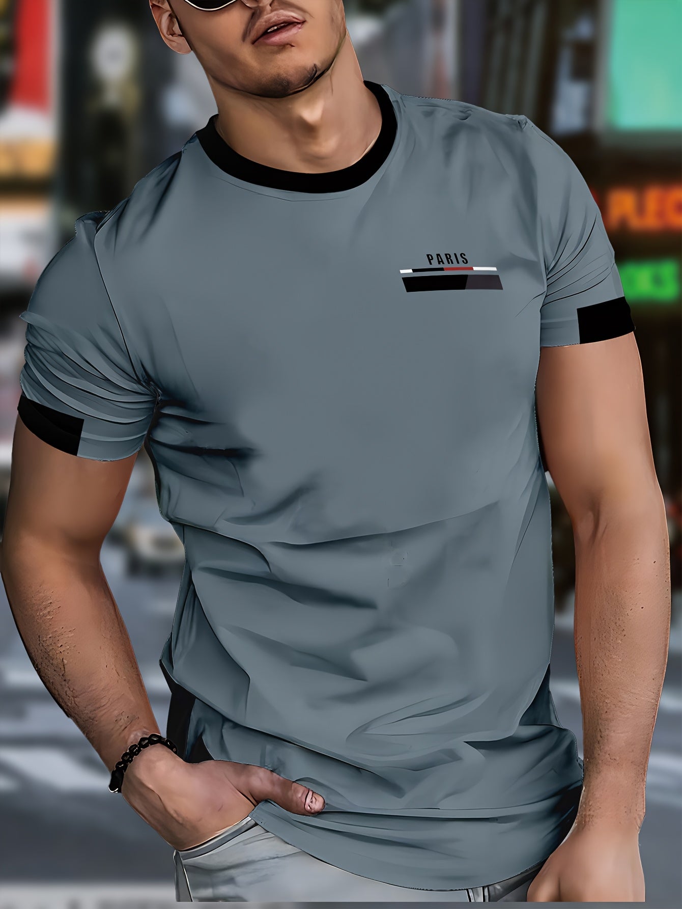 Men'S Paris Graphic T-Shirt - Green Polyester Crew Neck Tee with White Stripes  Print - Casual Sporty Knit Top for Casual Attire, Breathable Fabric