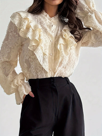 Women's Elegant and Romantic Retro Court Style Stand Collar Pleated Textured Button Flared Sleeve Apricot Shirt, Autumn Collection