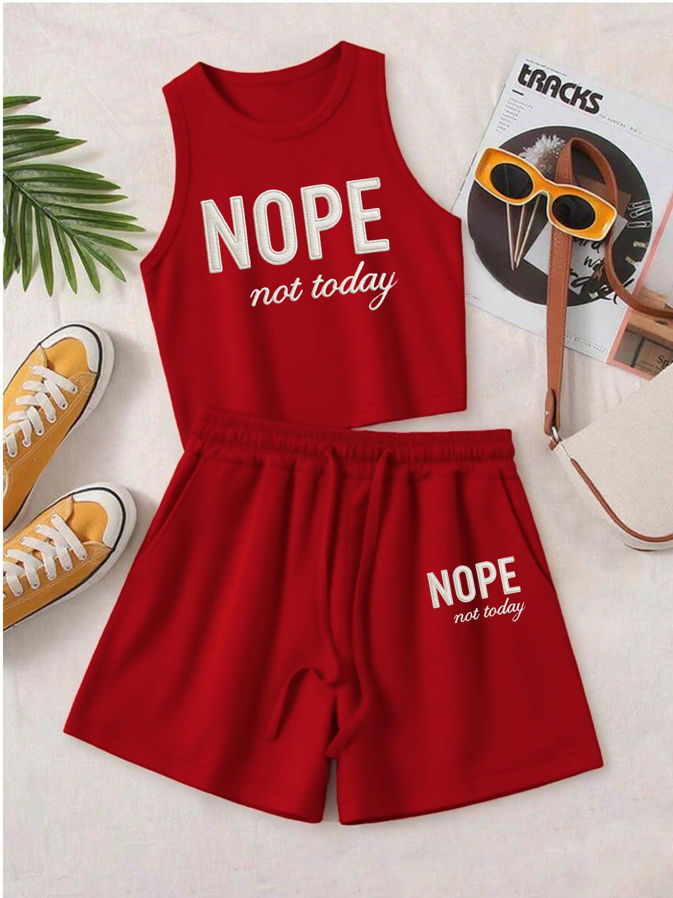 Casual Printed Vest and Shorts Set with Drawstring Pockets
