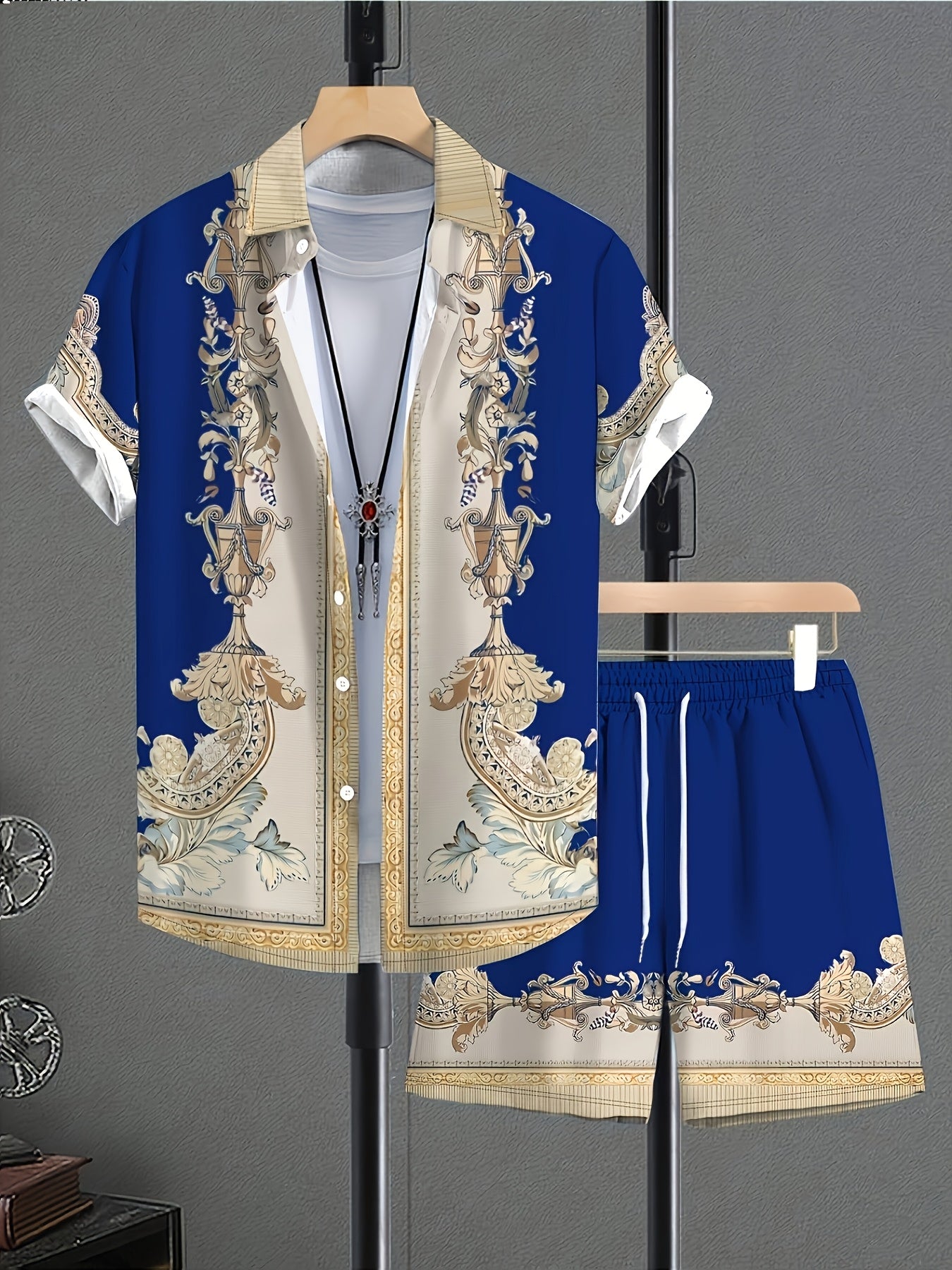 Men's Summer Green Baroque Print Short-Sleeve Shirt & Shorts Set